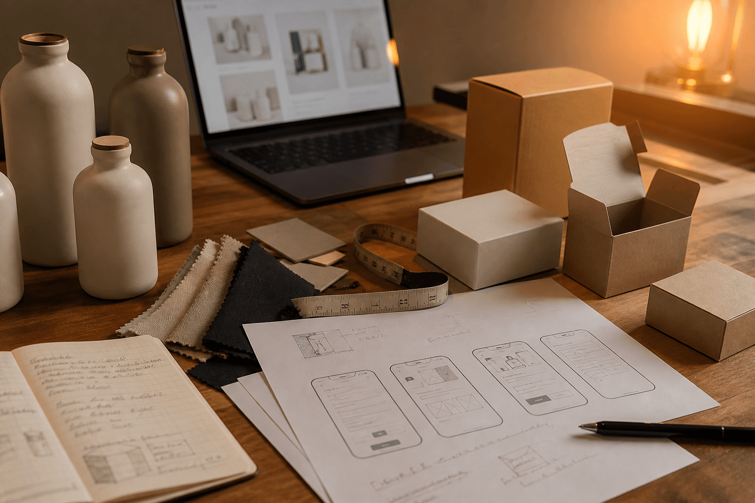 Unbranded products and mobile storefront wireframes arranged for an ecommerce planning session